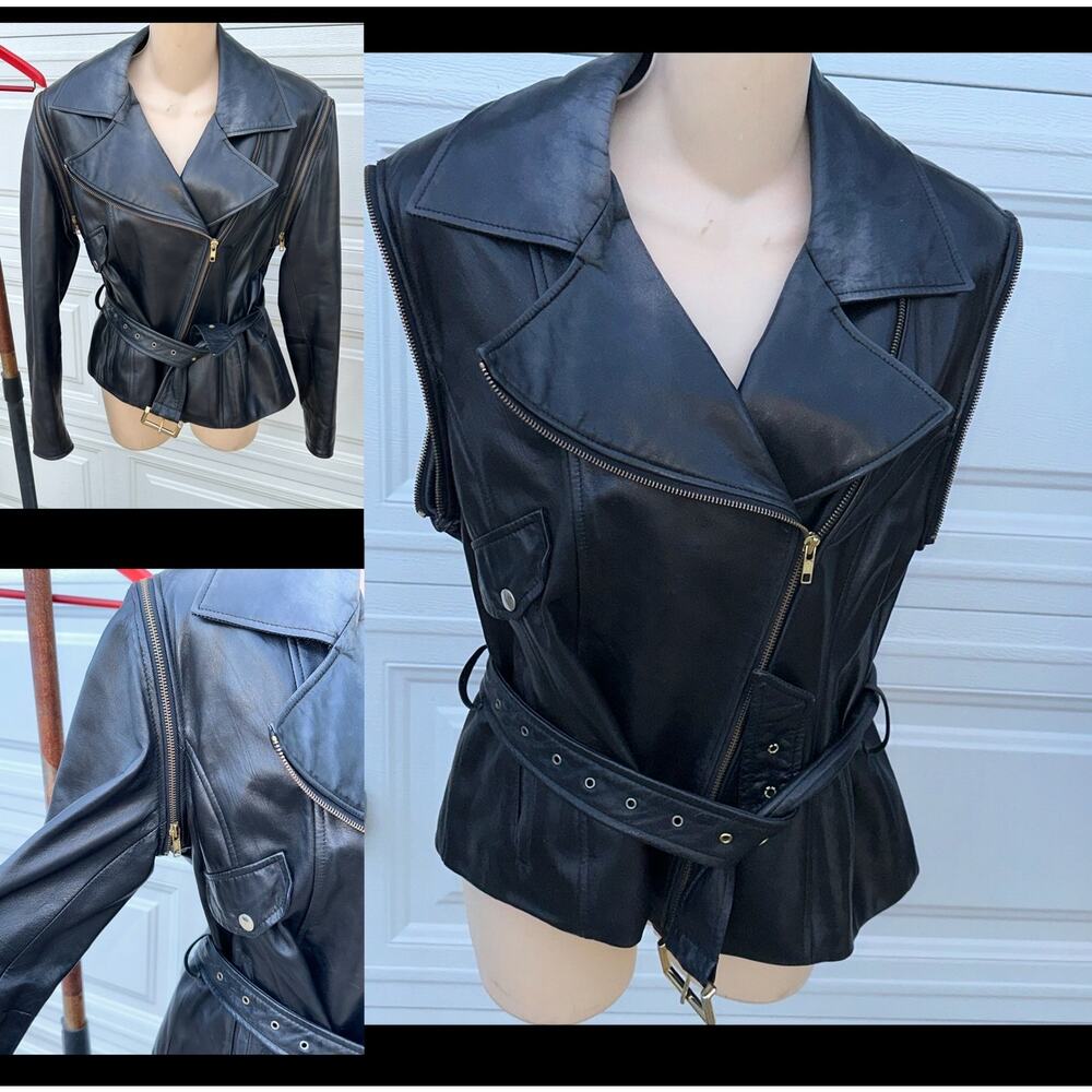 VINTAGE VAKKO LEATHER CONVERTIBLE MOTO BIKER JACKET TO VEST-ZIP OFF SLEEVES M
